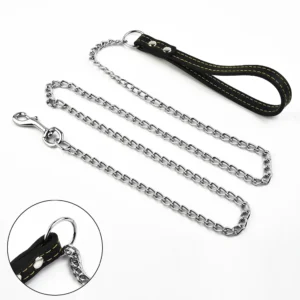 Metal Chain Dog Lead With Leather Style Handle Strong Control Leash Iron Dog Pets Supplies Collars Harnesses 1