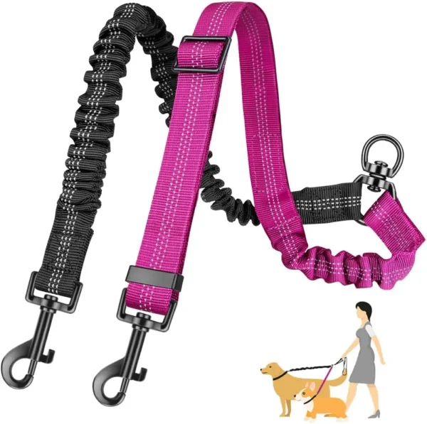 16ft Long Dual Dog Leash Attachment - Double Leashes for Training Small to Large Dogs - Adjustable Strap, Shock Absorbing Bungee 1