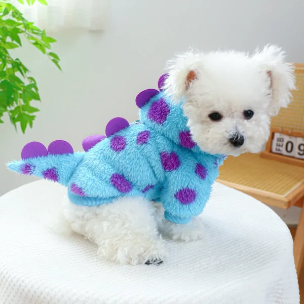 1PC Pet Clothing Dog Cat Autumn and Winter Thickened Warm Blue Dinosaur Hooded Coat With Drawstring Buckle For Small Medium Dogs 2