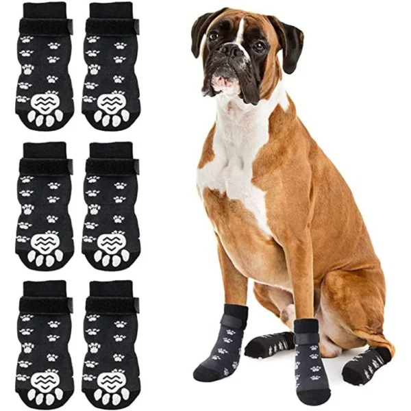 Anti-Slip Dog Socks 4pcs Paw Protector Traction Control Adjustable Indoor Wear Knitted Pet Socks with Rubber Reinforcement 1