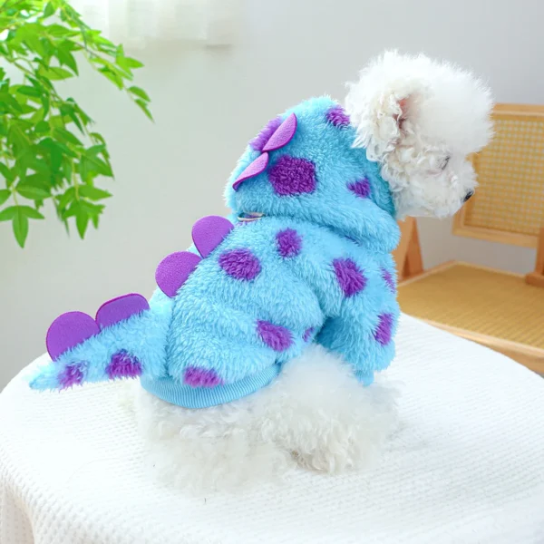 1PC Pet Clothing Dog Cat Autumn and Winter Thickened Warm Blue Dinosaur Hooded Coat With Drawstring Buckle For Small Medium Dogs 5
