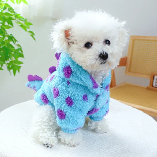 1PC Pet Clothing Dog Cat Autumn and Winter Thickened Warm Blue Dinosaur Hooded Coat With Drawstring Buckle For Small Medium Dogs 4