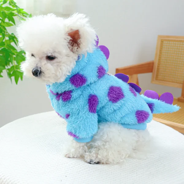 1PC Pet Clothing Dog Cat Autumn and Winter Thickened Warm Blue Dinosaur Hooded Coat With Drawstring Buckle For Small Medium Dogs 3